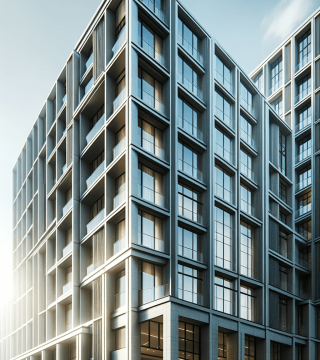 DALL·E-2023-10-13-10.37.17-Tall-photo-of-a-modern-building-facade-with-large-aluminum-windows-and-sliding-doors-stretching-upwards.-The-sunlight-illuminates-the-building-showca-2